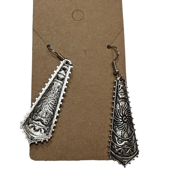 Boho Antique Silver Geometric Embossed Detail Drop Earrings - Picture 6 of 6